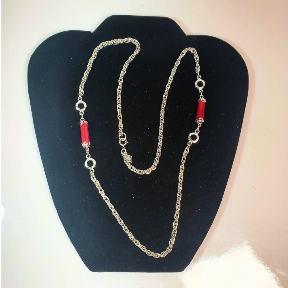 Silver-Tone Dress Necklace with Red Barrel Beads  Sarah Coventry, Made in Canada